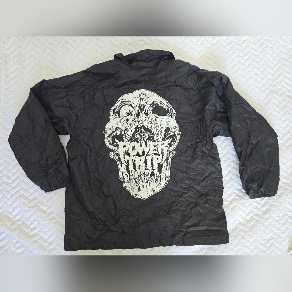 Harriton Skull Power Trip Black Nylon Windbreaker Button Up Jacket - Picture 2 of 5